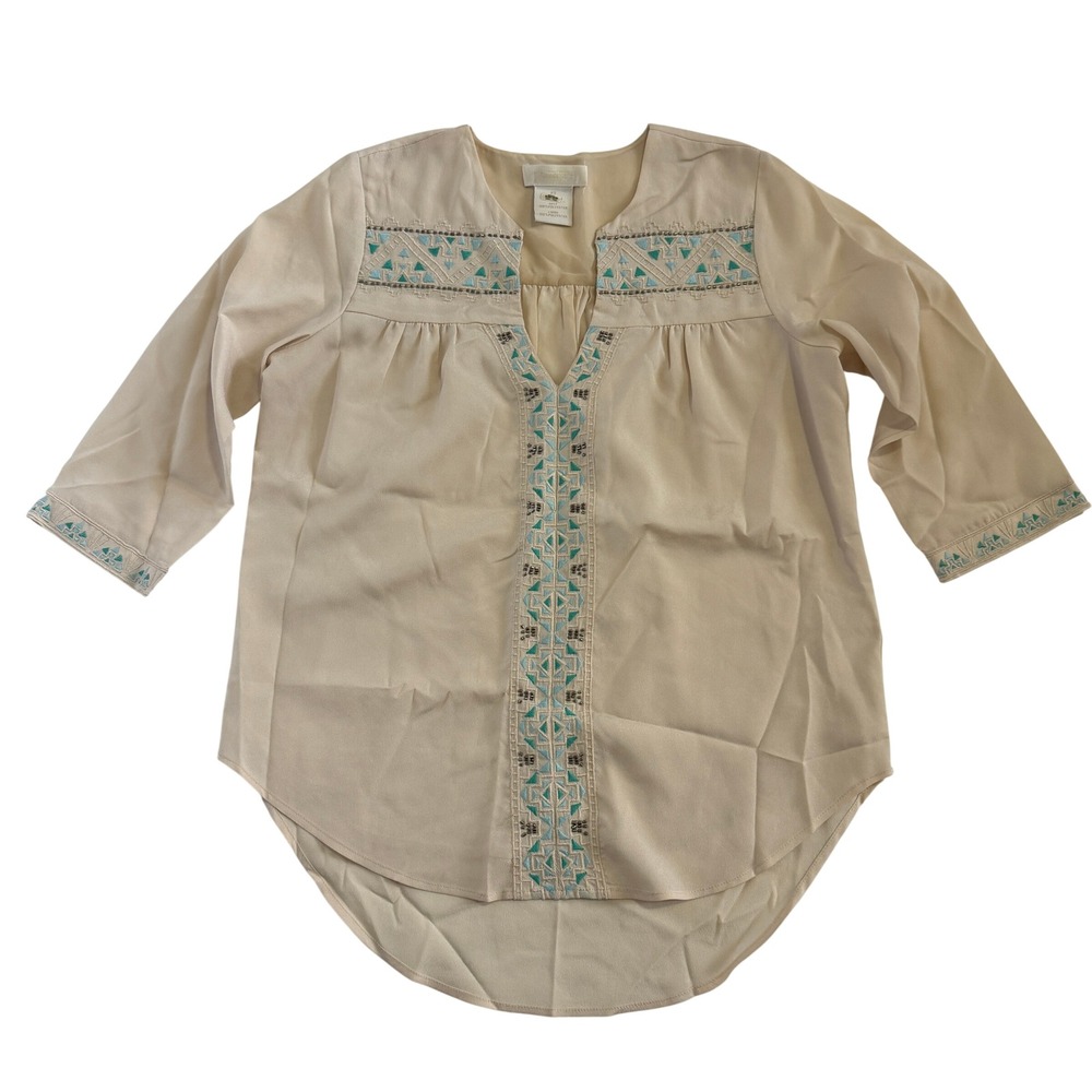 MM Couture by Miss Me Cream Beaded Blouse 3/4 Sleeve Tribal Sz XS